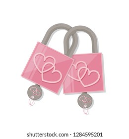 Couple pink heart lock with key. valentine's day love symbol.