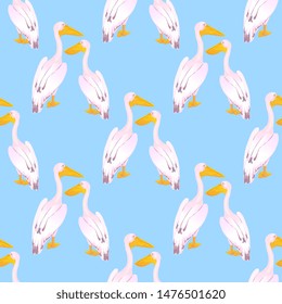 A couple of pink pelicans. Waterfowl. A large gregarious waterbird with a long bill. Seamless pattern for fabric, for wallpaper, for surface design.