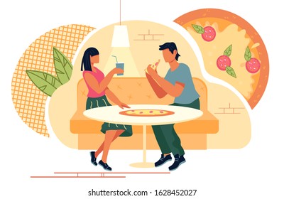 Couple in Pizzeria or fast food restaurant enjoying dinner and communication. Italian cuisine cafe or street cafeteria and people cartoon characters. Cookery and eating out. Flat vector illustration.