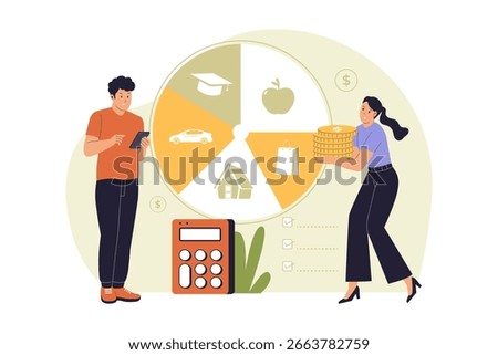 Couple Planning Home Budget Allocation Illustration. Vector Flat Illustration