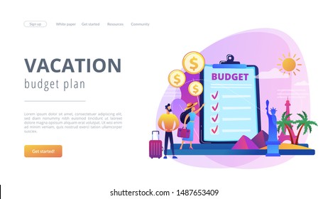 Couple planning honeymoon holiday, choosing trip destination flat characters. Vacation fund, summer spending plan, vacation budget plan concept. Website homepage landing web page template.