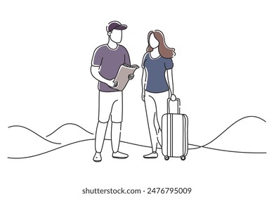 pareja planeando un viaje, doodle Ilustración vectorial de arte en línea continua