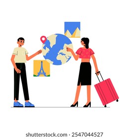 Pareja Planeando Un Viaje Con Globo Y Maleta En Ilustración vectorial Plana Que Simboliza Viajes, Aventura Y Turismo, Aislados Sobre Fondo Blanco.