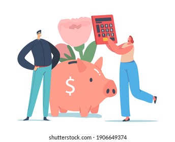 Couple Planning Wedding Concept, Tiny Male and Female Characters at Huge Piggy Bank Counting Marriage Ceremony Cost with Calculator. Holiday Event Organization. Cartoon People Vector Illustration