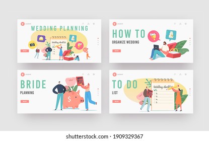 Couple Planning Wedding Landing Page Template Set. Tiny Loving Characters at Huge Planner Fill Checklist before Marriage Ceremony. Love, Event Organization, Holiday. Cartoon People Vector Illustration