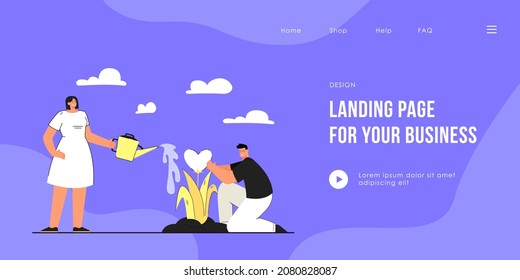 Couple planting heart shaped flower together. Flat vector illustration of lovers watering plant. Romantic relationship, love concept for banner, website design or landing web page.