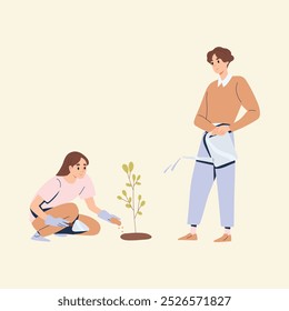 Couple Planting a Small Tree Together. A couple planting a young tree in their backyard, symbolizing growth and sustainability