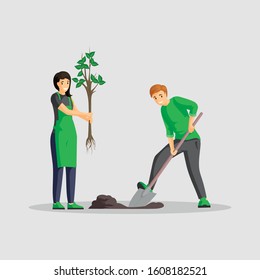 Couple planting tree flat color illustration. People gardening isolated cartoon characters, volunteers working outdoors together, greening planet. Man digging and woman holding sapling