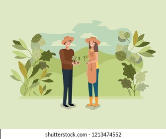 couple planting tree in the park