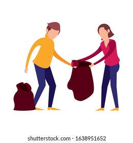 couple with plastic garbage bag vector illustration design