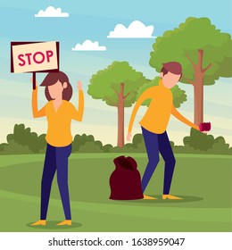couple with plastic garbage bag vector illustration design