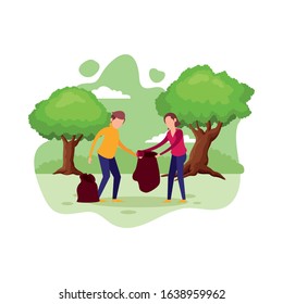 couple with plastic garbage bag vector illustration design