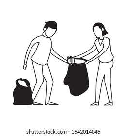 couple with plastic garbage bag vector illustration design