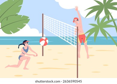 Couple play beach volleyball. Summer vacation on seaside, female male active rest. Outdoor ocean time, travel or leisure, recent vector scene