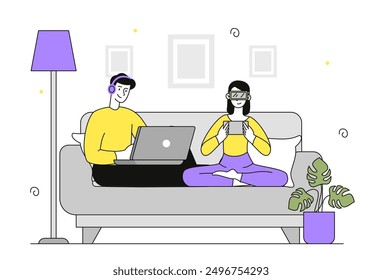 Couple play games. Man with laptop and woman wearing virtual reality glasses play video games. Fun and entertainment. Pair of gamers play arcades at home. Linear vector illustration