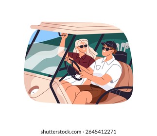 Couple of players drive golf cart together. Golfers carries bag of equipments for play- clubs, balls, putter. People are in car for sport game. Flat isolated vector illustration on white background