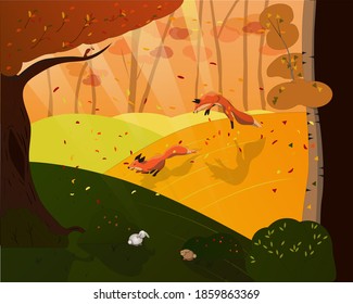 The couple of playful foxes on the autumn forests' lawn surrounded by falling leaves and forest animals