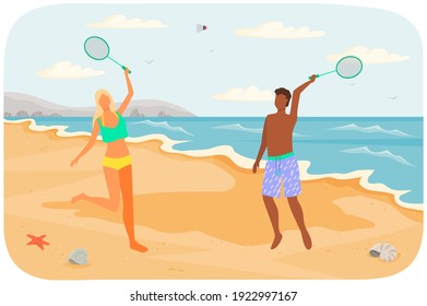 Couple playing badminton flat vector illustration. Husband and wife with tennis racquets on beach. Cheerful people on sandy resort. Friendly competition on sea shore. Active summer recreation