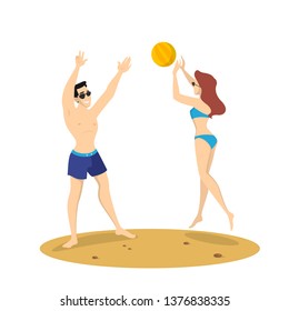 Couple playing beach volleyball. Summer activity at the sea or ocean. Healthy active lifestyle. Woman jump and throw ball. Isolated vector illustration in cartoon style