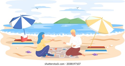 Couple playing board game sitting on sandy beach. Friends enjoy indoor activity in summer vacation. Cartoon character guy and girl having fun outdoors together, resting on weekend with tablegame