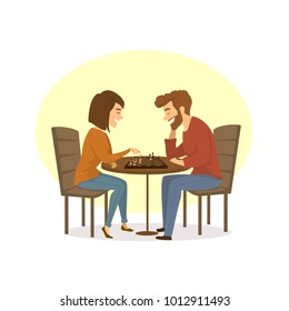 couple playing chess at home cartoon vector illustration