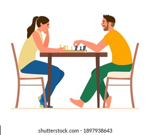 Couple Playing Chess At Table At Home. Flat Vector Illustration. Isolated On White.