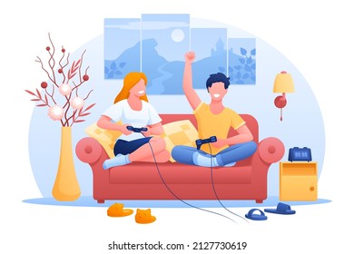 Couple playing computer games at home together vector illustration. Man and woman using game joystick flat style. Home entertainment idea