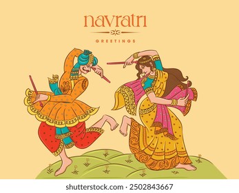 Couple Playing Dandiya Garba. Navratri Dussehra festival greeting design with illustration. Mural style illustration of dancing couple. Vector design template.