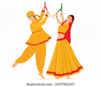 Pareja tocando dandiya en la noche de garba para el festival Navratri dussehra de la India ilustración vectorial