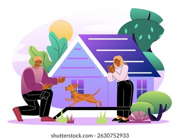 Couple playing with dog. Owners spend time with their pet outside on sunny day. Routine and household chores. Man and woman playing with puppy outdoors. Flat vector illustration