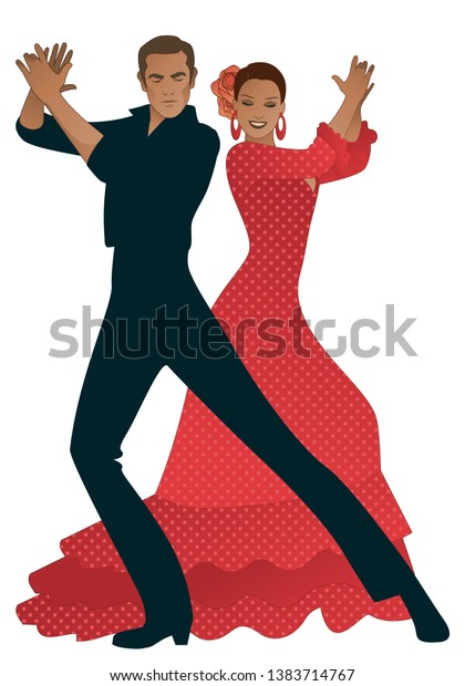 Couple playing flamenco dancers palms. Handsome man\
and beautiful woman with flowers in her hair and typical Spanish\
dance dress