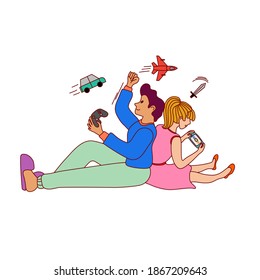 Couple playing games flat illustration people