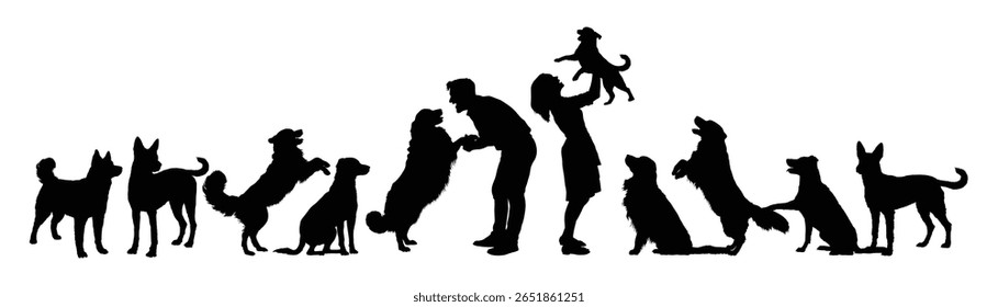 Couple playing with group of dogs side view isolated black silhouettes. Young couple takes care of stray dogs on the street vector silhouette. Man and woman volunteer at a dog shelter graphic.