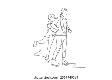 Couple playing ice skating on vacation. Romantic trips concept one-line drawing