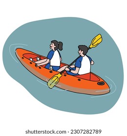 Couple playing kayak boat cartoon vector illustration minimal line art style