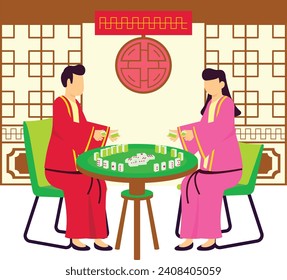 Couple is playing Mahjong or mah-jongg while sitting at Restaurant concept vector icon design, Chinese New Years Eve symbol, Year of the Dragon sign, China Spring Festival scene stock illustration