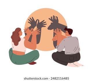 Couple playing, making shadows with hands. Hand gestures shadow theater, showing reindeer and bird from palms and fingers vector flat illustration. Cartoon gaming shade animal puppet theatrical action