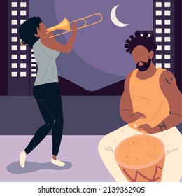 couple playing music in street with drum and trumpet