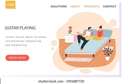 Couple playing musical. Character creates music. Musician playing strings on instrument. Guy sings with guitar for girlfriend. Woman listens to her man. Family resting at home. Husband sing to wife