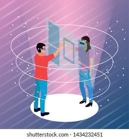 Couple playing on screen with virtual reality glasses on purple space background cone hologram vector illustration graphic design