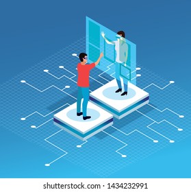 Couple playing on screen with virtual reality glasses on blue background with electronic circuits vector illustration graphic design