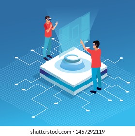 Couple playing on screen with virtual reality glasses on blue background with 3d geomtric shapes vector illustration graphic design