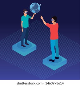 Couple playing on screen with virtual reality glasses on blue background with 3d geomtric shapes vector illustration graphic design