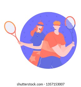 Couple playing on the tennis court. Coach and student. Sports and active hobby. Trendy vector illustration.