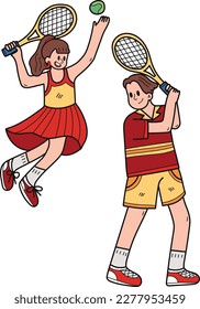 couple playing tennis illustration in doodle style isolated on background