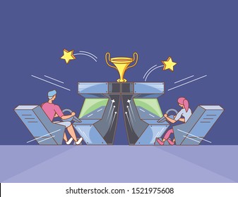 couple playing in video game console of coins with car wheel vector illustration design