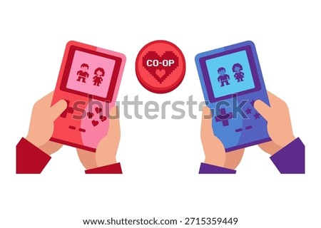 Couple playing video games together with co op symbol on hands.