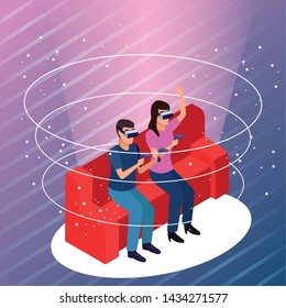 Couple playing with virtual reality glasses seated on coach with gamepads on purple space background cone hologram vector illustration graphic design