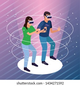 Couple playing with virtual reality glasses and gamepads on purple space background cone hologram vector illustration graphic design