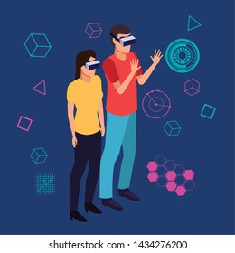 Couple playing with virtual reality glasses on blue background with 3d geomtric shapes vector illustration graphic design